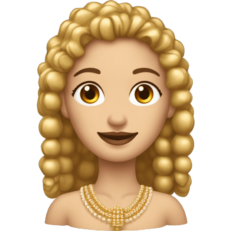 Mujer con rulos y flequillo que tiene pendientes de perlas y un colgante en el cuello dorado emoji