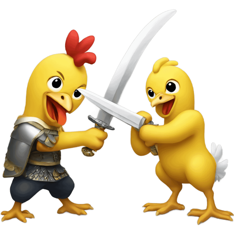 Chickens sword fighting using bananas emoji