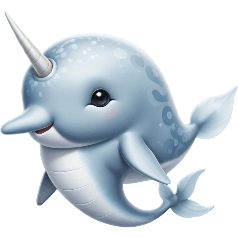 Cinematic Noble Cute Narwhal Portrait Emoji, Poised and graceful, with a streamlined, gently curved body clad in mottled, silvery-gray skin, accented by a long, spiraled ivory tusk and wide, expressive eyes radiating playful intelligence, Simplified yet sharp and sophisticated features, highly detailed, glowing with a cool, frosted ocean glow, high shine, intelligent and enigmatic, stylized with an air of whimsical marine majesty, focused and graceful, soft glowing outline, capturing the essence of a watchful and confident cute narwhal that appears ready to glide out of the screen with effortless charm! emoji