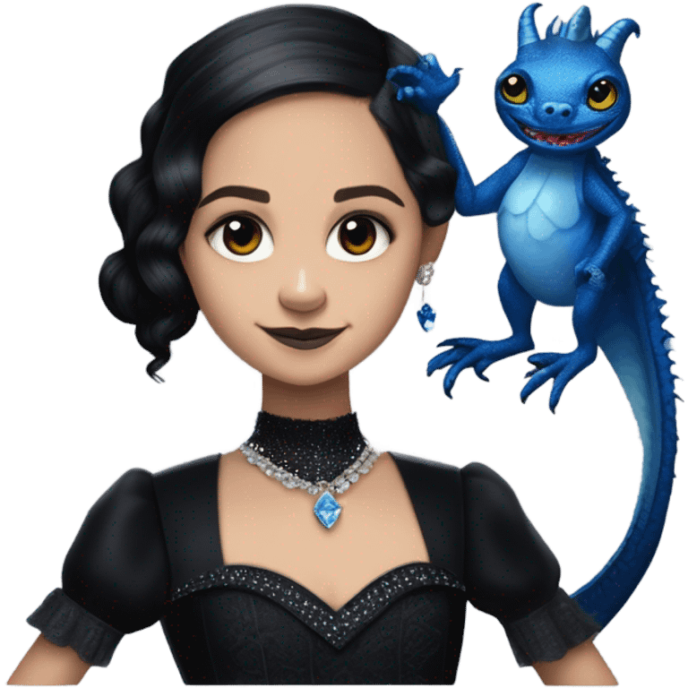 relaxed low-cut slinky black evening ball gown with lace gloves, Jenna Ortega as Wednesday Addams wearing a mini diamond tiara showing off a cute blue horned dragon ventriloquist puppet emoji