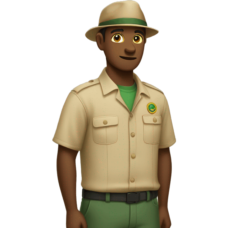 zookeeper, wearing a plain beige shirt and a plain dark cap. on the beige shirt, there is a small logo, that looks like a yellow square with a dark green border emoji