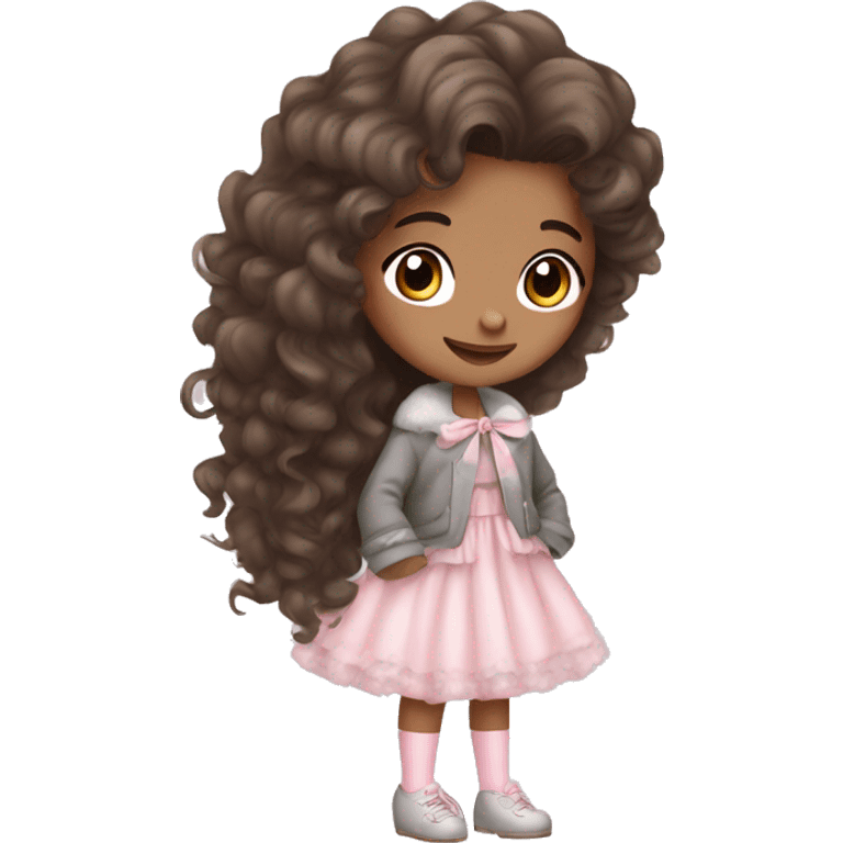 Girl with brown long curly hair cute and baby pink princess dress and gray fluffy jacket and baby pink bow and white stockings and black high heels adorable emoji