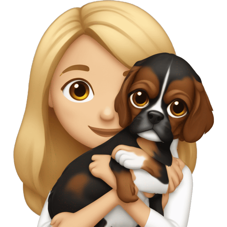 cute girl hugging two black and brown cavalier king charles spaniel  emoji