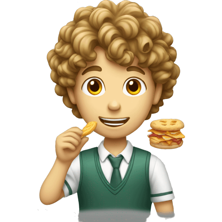 a wavy haired schoolboy eating snacks emoji