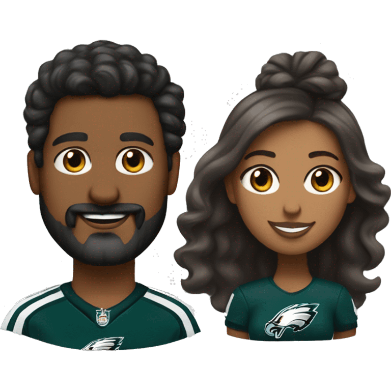 Brown skin couple in Philadelphia Eagles clothing guy has a beard and mustache girl has her hair in a bun  emoji