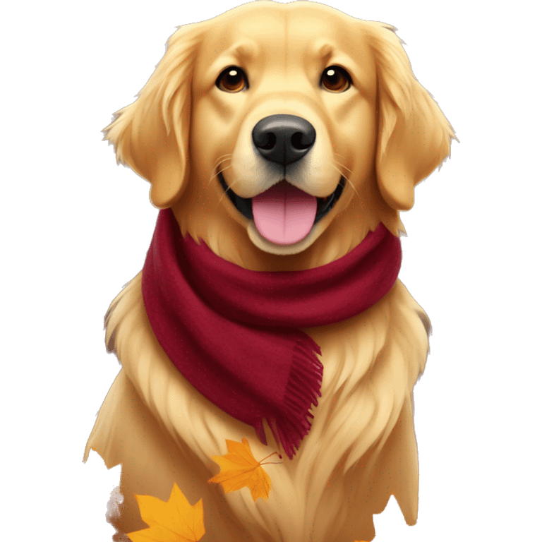 Golden retriever wearing a burgundy scarf while autumn leaves are falling  emoji