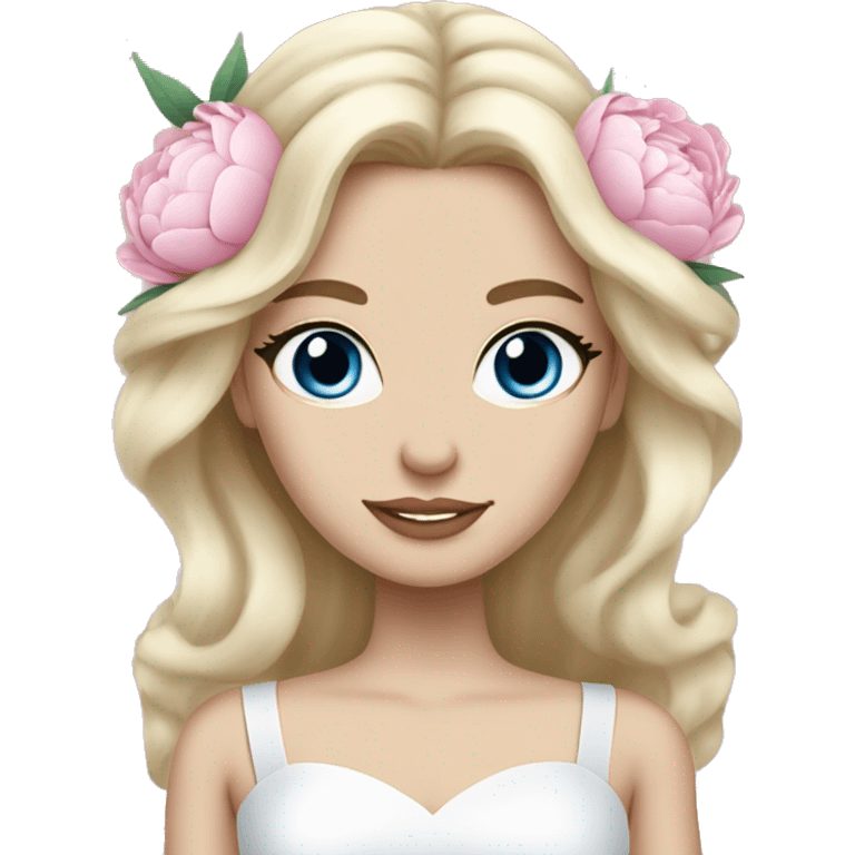 White bride with long light blonde hair and blue eyes with light pink peonies in hair white skin  emoji