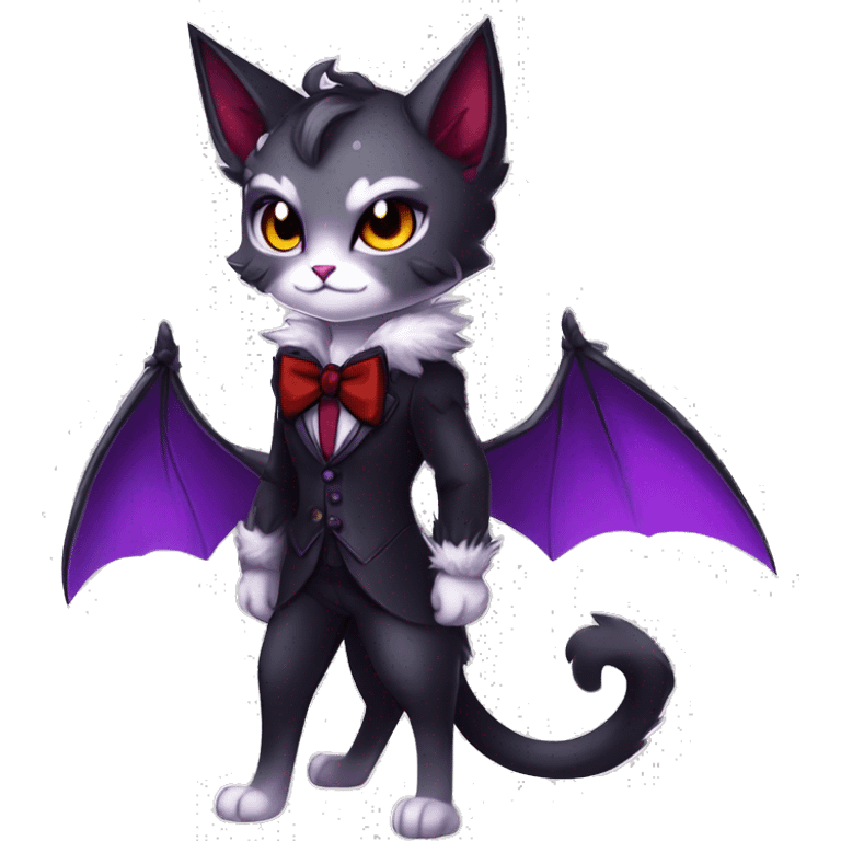 Anthro-Cute-Edgy-Vampiric-Batty-Cat-Black-Purple-Red-Grey-White-Yellow-Contrast-Colors-Fantasy-Fur-Sona-Chibi-Shiny-Fakémon-Hybrid with horns and big fangs collar bow ties leg spats full body emoji