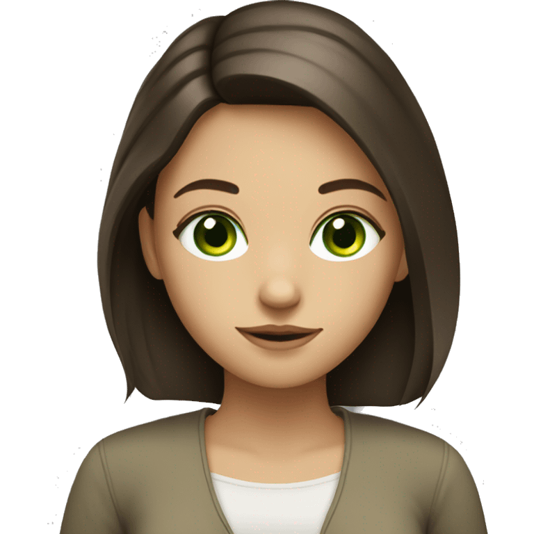 Brunette girl with green eyes studying emoji