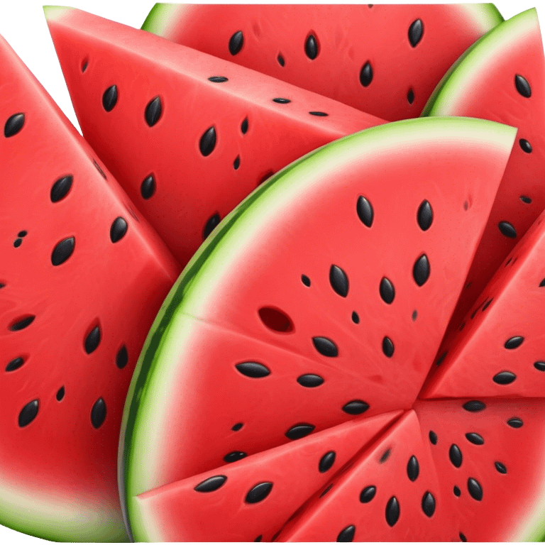 Cinematic juicy watermelon, thick slices revealing vibrant red interior, glossy and glistening with tiny black seeds, fresh and refreshing, soft glowing background, summer vibes. emoji