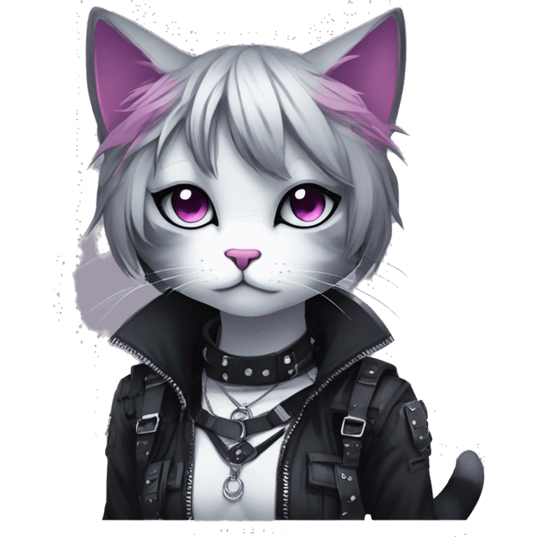 Gorgeous edgy epic punk gradient gothic dark techwear anime style anthro cat with blushing face aesthetic and pretty edgy black with collar and harness trending style emoji