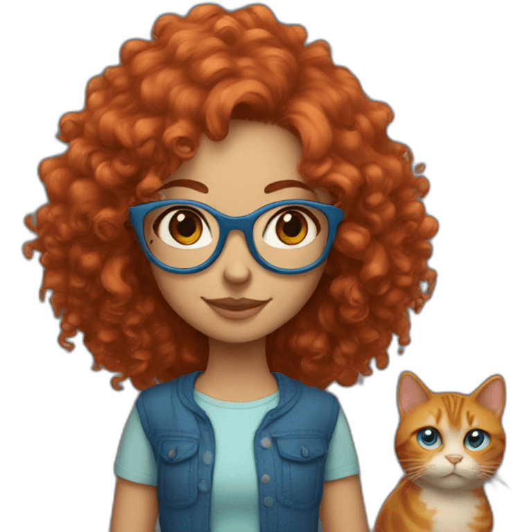 a girl with curly red hair and blue glasses with a cat in her arms emoji