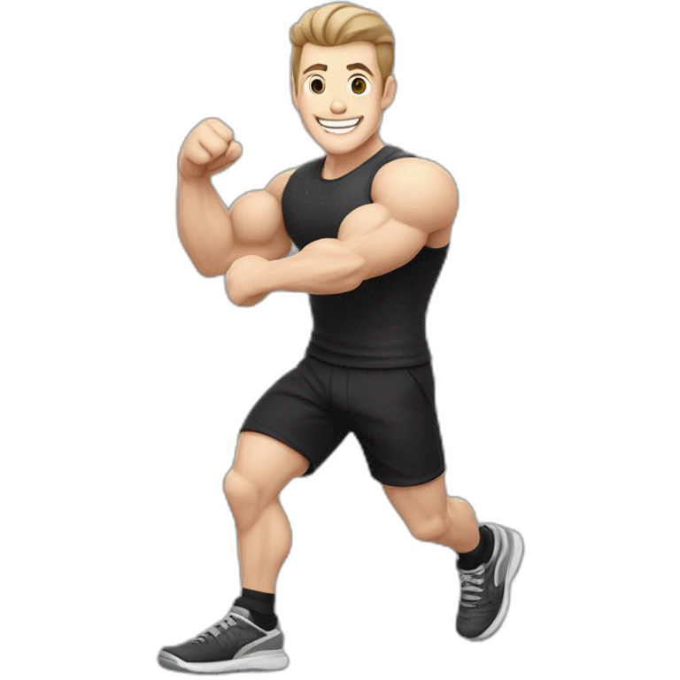 Joyful Celebrating victory Pale skinned Fit Man With the biceps and dark brown hair in black shirt, gray sports shorts and white Sneakers emoji