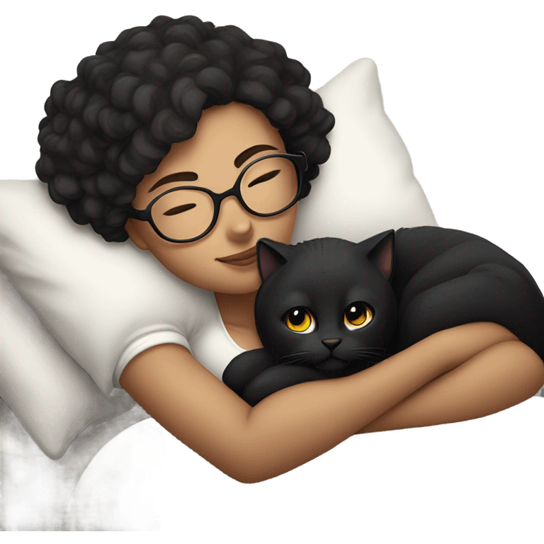 Pale white young woman with short dark curly hair with glasses cuddling, sleeping in bed with her black cat emoji