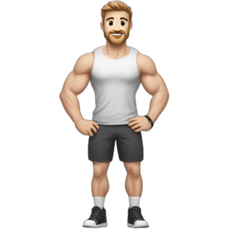 Close up Actively gesturing  with hands Pale skinned Fit Man With the biceps and brown hair in dark gray Sleeveless Mike, black oversize sports shorts, watch and white Sneakers emoji