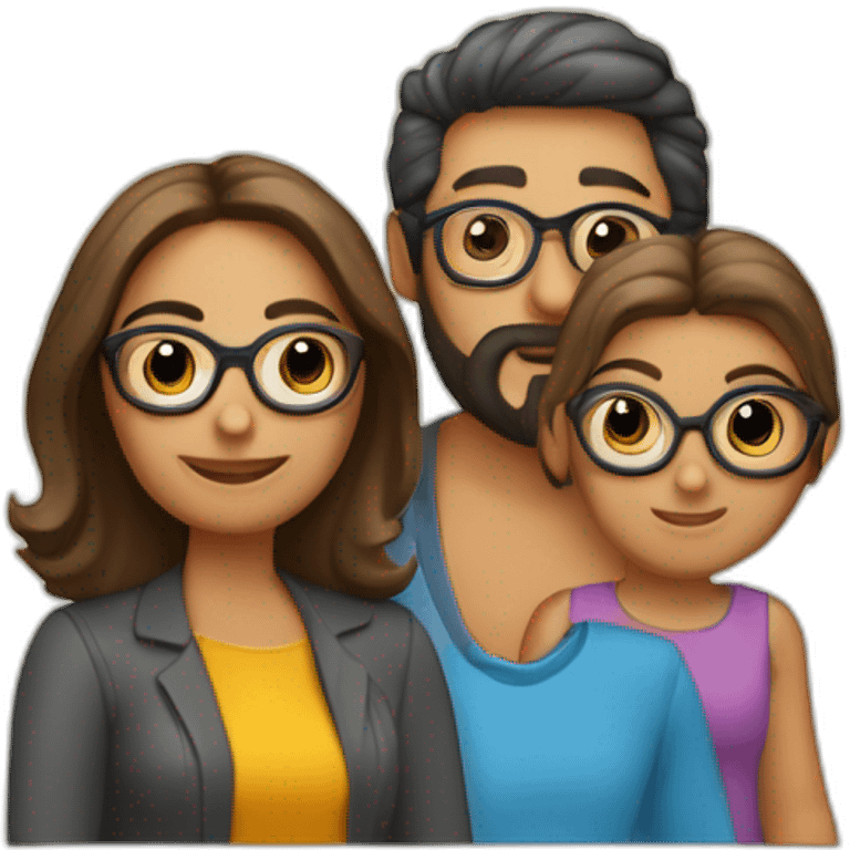 Familia 4 personas papá moreno con tupé gafas y barba mamá con corte bob hermana mayor pelo largo hermano pequeño pelo rizado emoji