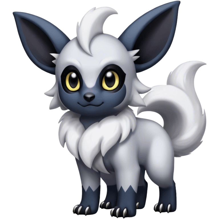 Absol-Umbreon-fantasy creature, nostril holes, black ears, no Scapha, black long scaly tail, big eyes, black eyes, white fur, black claws, cute, adorable emoji