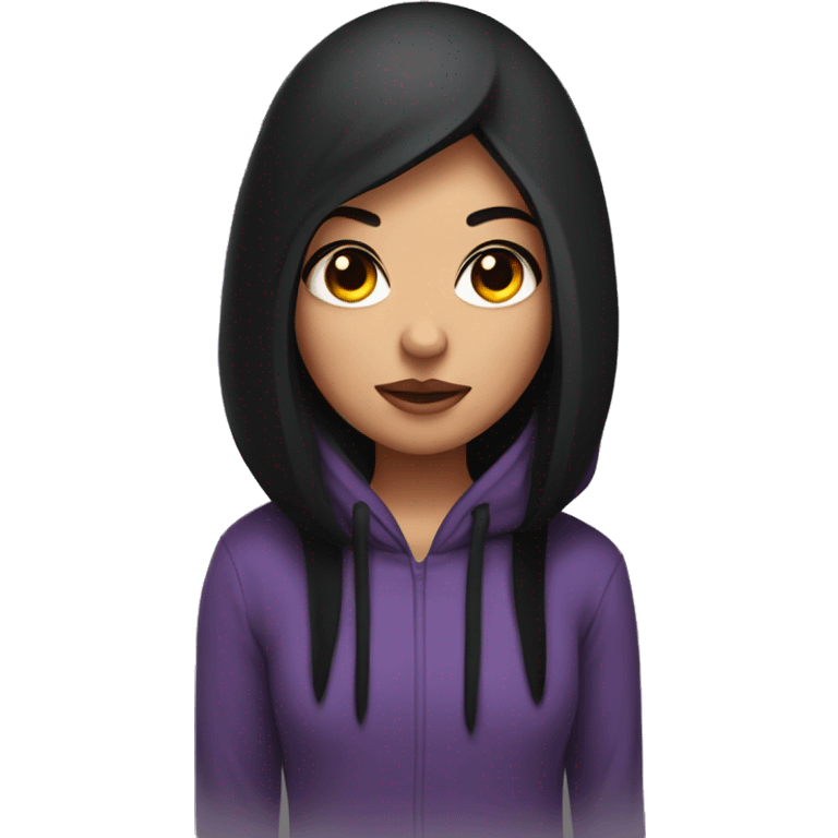 Girl with black straight hair with big eyelashes in hoodie with devil horns  emoji