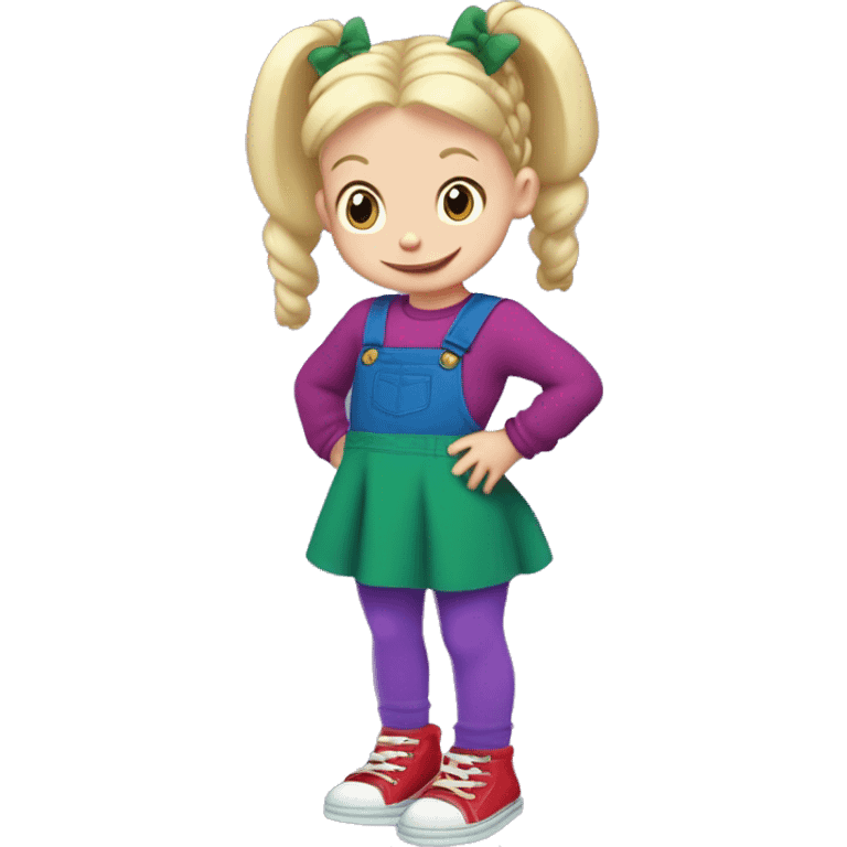 A little blonde girl with pigtails and little purple bows wearing a red long-sleeved shirt and purple overalls skirt with blue tights with green polka dots and purple sneakers, full body, rugrats emoji