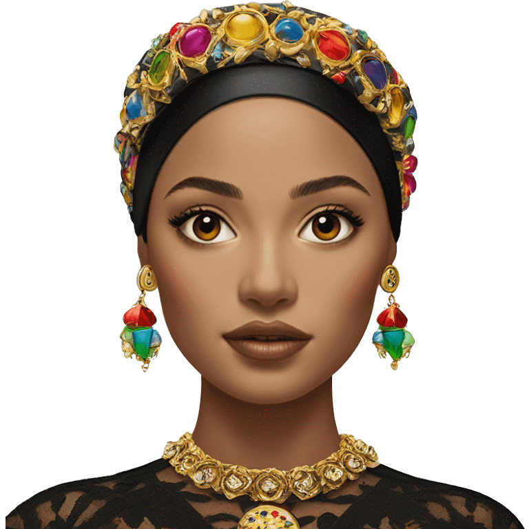 Dolce and Gabbana Italian model in dark dress and headband with colourful ornament and golden detais  emoji