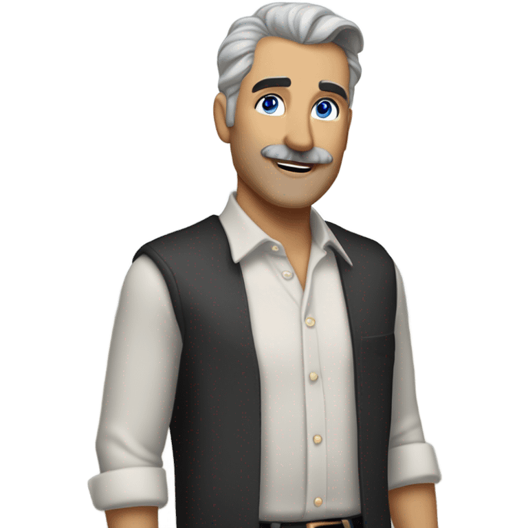 side a white man with blue eyes a thick dark brown and grey moustache, down turned black eyebrows and then dark grey hair he’s wearing an expensive watch and a white shirt and black dressy pants with beige loafers he’s looking at her smiling”  emoji