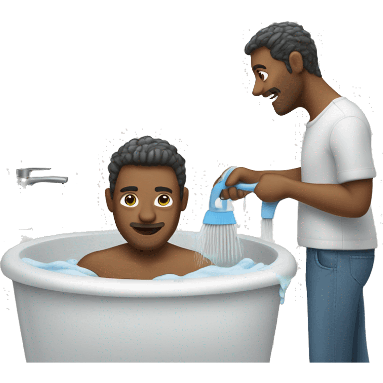 A man washing and brushing himself with a background towards emoji