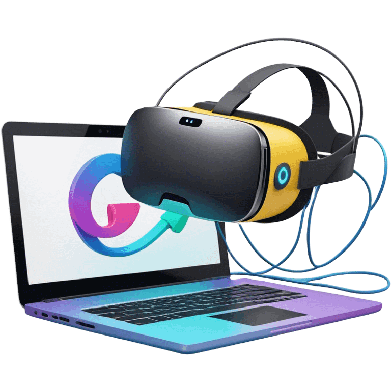 VR headset lying next to a laptop, connected by wires. On the laptop screen a VR/AR modeling program is opened. Floating 3D models or virtual objects. Modern, tech-inspired colors. No emojis or smiley faces. Transparent background. emoji