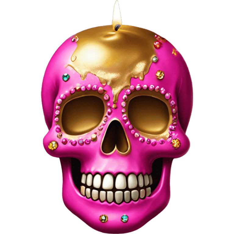 Realistic hot pink sugar skull decorated with colorful rhinestones with metallic gold candle on top of its head dripping meltdown metallic gold wax down skull emoji