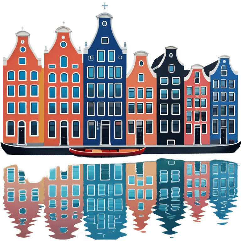 Cinematic Realistic Amsterdam Canal Houses Landmark Emoji, featuring narrow, gabled facades in vibrant colors reflecting on the calm canal waters. emoji