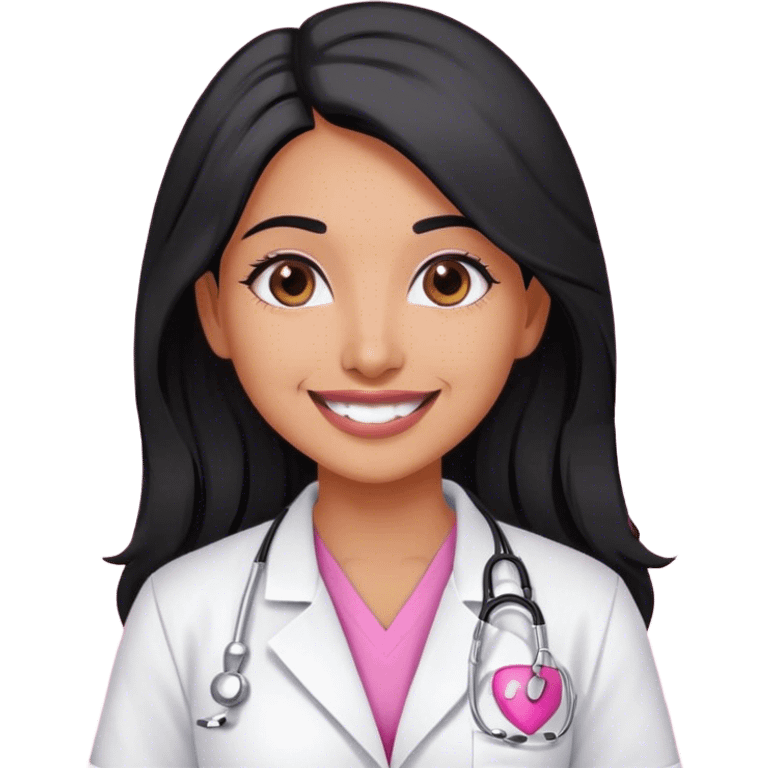 Indian doctor female with olive skin wearing pink scrubs and lab coat with black long hair and smile  emoji