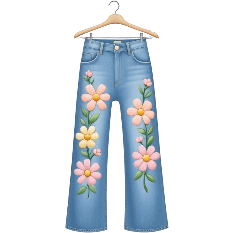 light was denim wide leg jeans with pastel flowers painted on them on hanger emoji