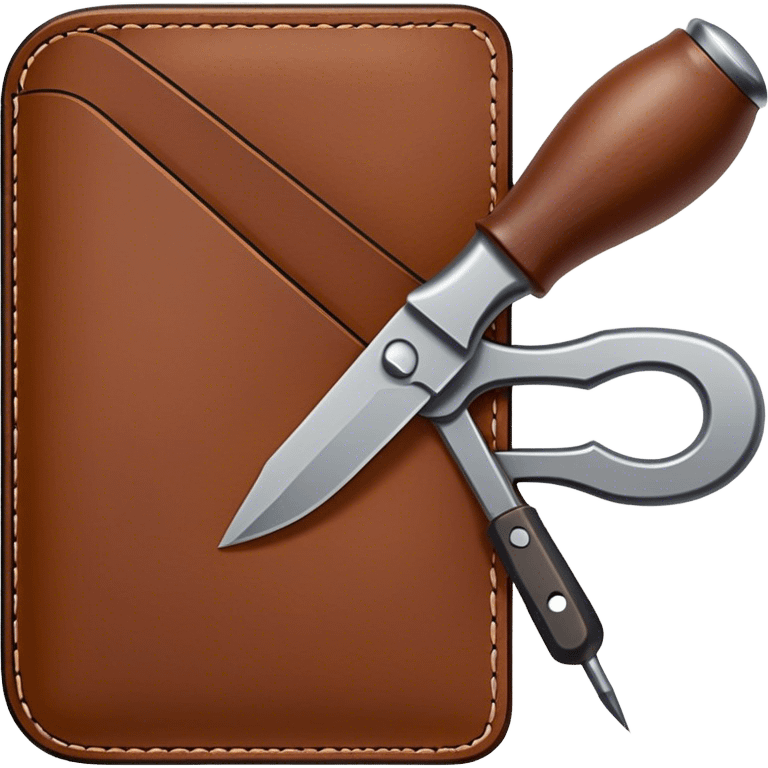 Leatherworking icon, piece of raw leather being crafted into a leather wallet or belt with engraving, professional tools like leather stitching awl, edge beveler, hammer, prying tool, minimalistic style, clean lines, transparent background. emoji