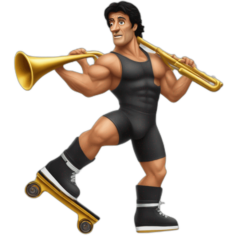 Sylvester Stallone Rambo mankini roller blades carrying a trombone emoji