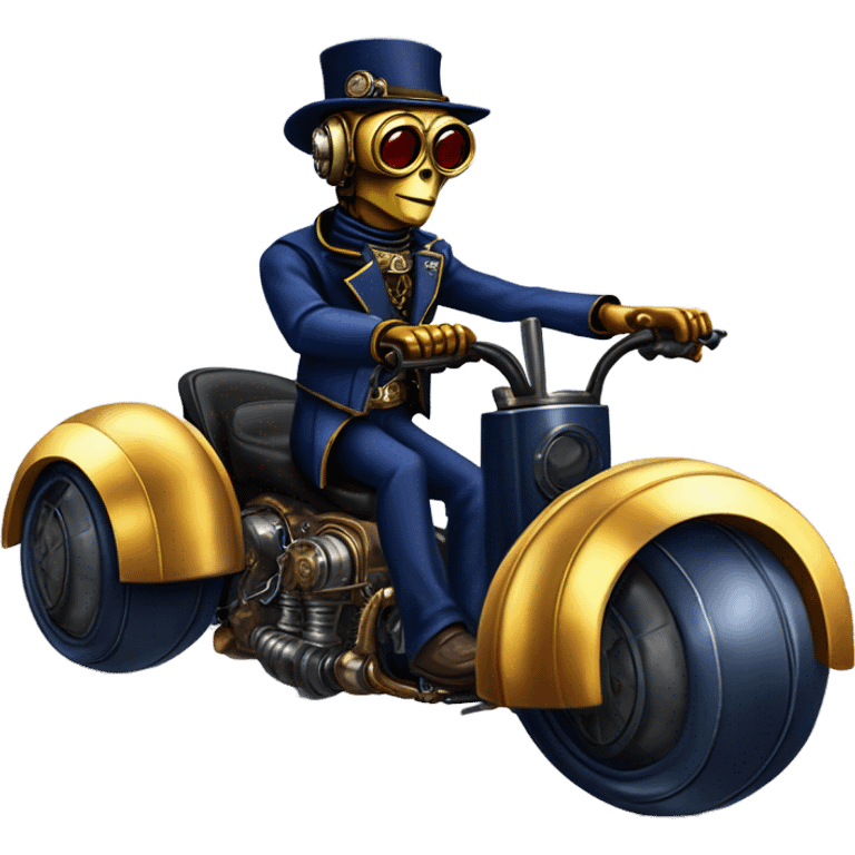 C-3PO wearing a pair of navy-blue rimmed steampunk goggles, hat, leather chaps, fringe jacket riding a fast 3 wheeler trike steampunk motorcycle on ice  emoji