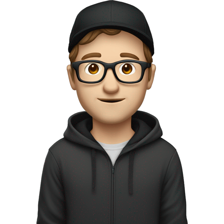 white man with brown hair and blue eyes wearing black framed glasses, a grey cap and a black hoodie playing xbox emoji