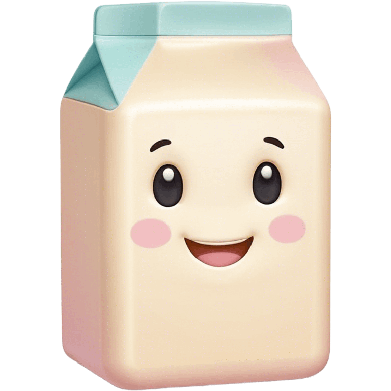 Cinematic adorable milk carton, soft pastel colors, tiny rounded edges, chubby smiling face, warm glowing highlights, gently tilting in a playful pose. emoji