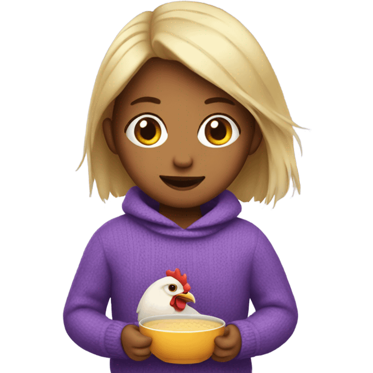 girl with purple sweater and chicken soup emoji