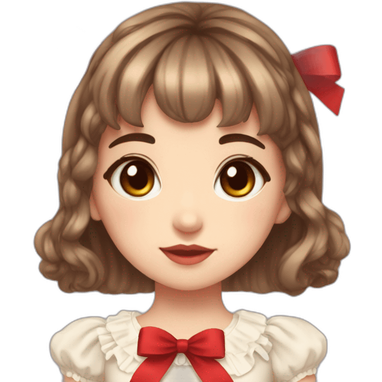 cute girl with brown eyes,brown hair,bang between eyes,short fluffy hair,red ribbon on head,lolita dress emoji