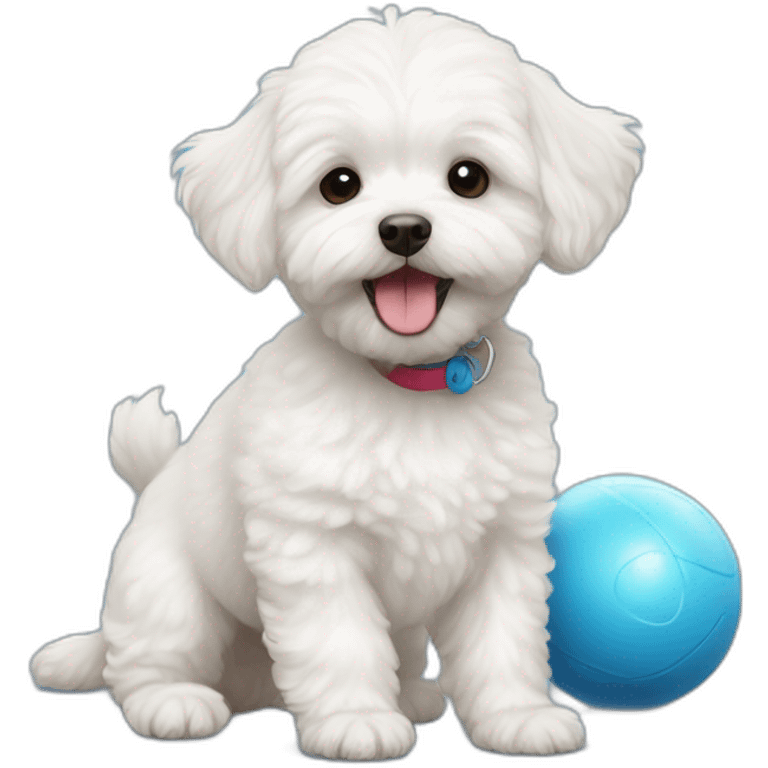 white maltipoo dog playing with a blue ball emoji