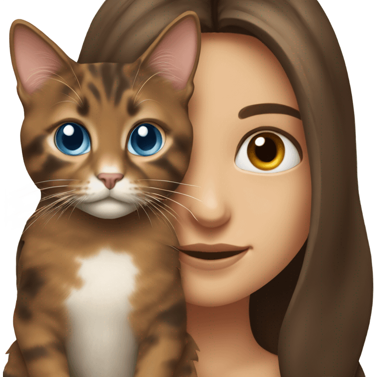 Long haired brunette girl with blue eyes holding a long haired tortishell cat emoji