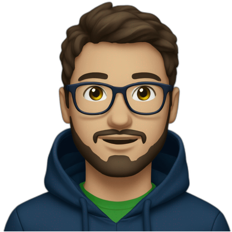 guy 26y.o., white glasses, with a little beard, dark brown hair, dark green eyes in dark blue hoody emoji