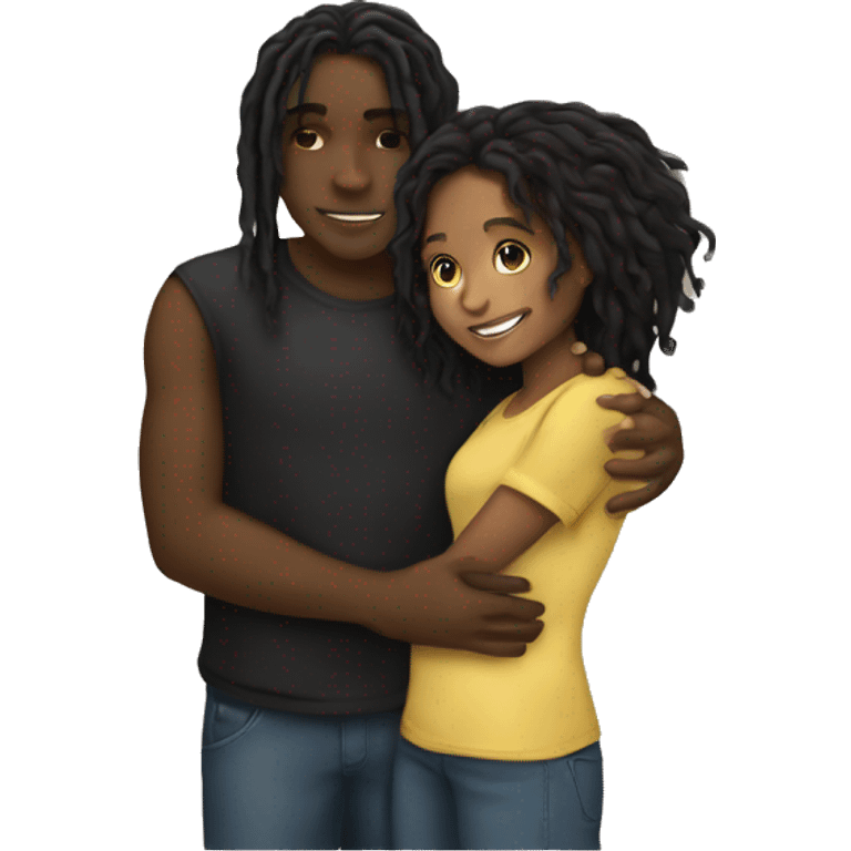 Brown girl with wavy hair hugging black boy who has dreads  emoji