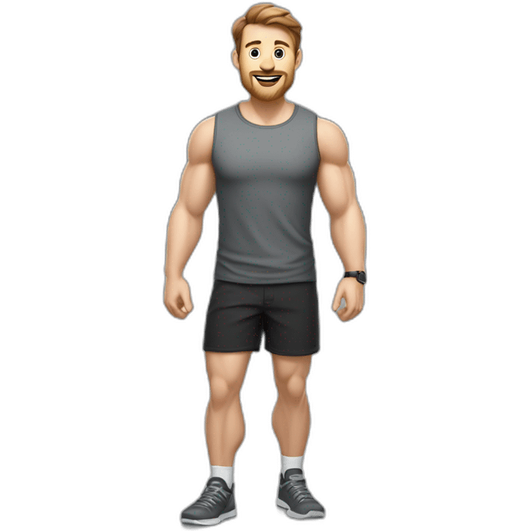 Full height realistic Actively gesturing with hands Pale skinned Fit Man With the biceps and brown hair in dark gray Sleeveless Mike, black oversize sports shorts, watch and white Sneakers emoji