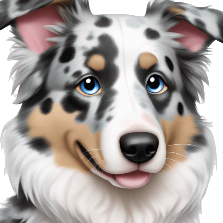 Blue Merle and white Australian Shepherd with black white and gray color pattern face is all white with blue eyes spots around eyes and spots on a cute pink nose emoji