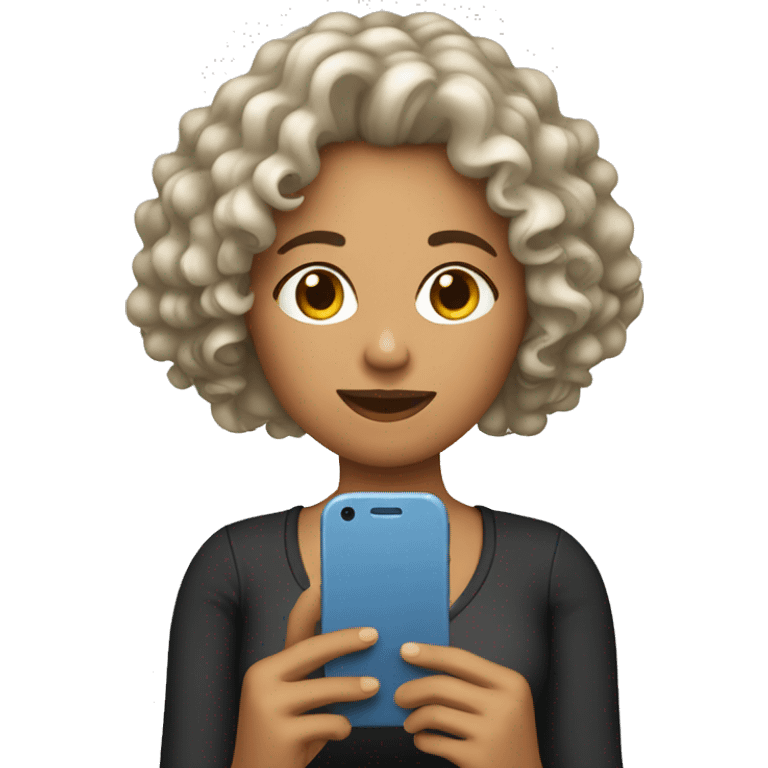 A woman white with down curly hair  holding her phone emoji