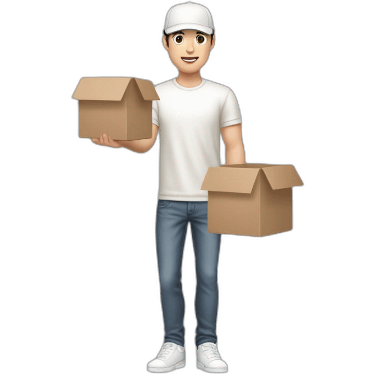 Pale skinned fit Man with dark brown hair in a white cap, gray jeans and beige polo T-shirt keeping a pasted box into his hands emoji