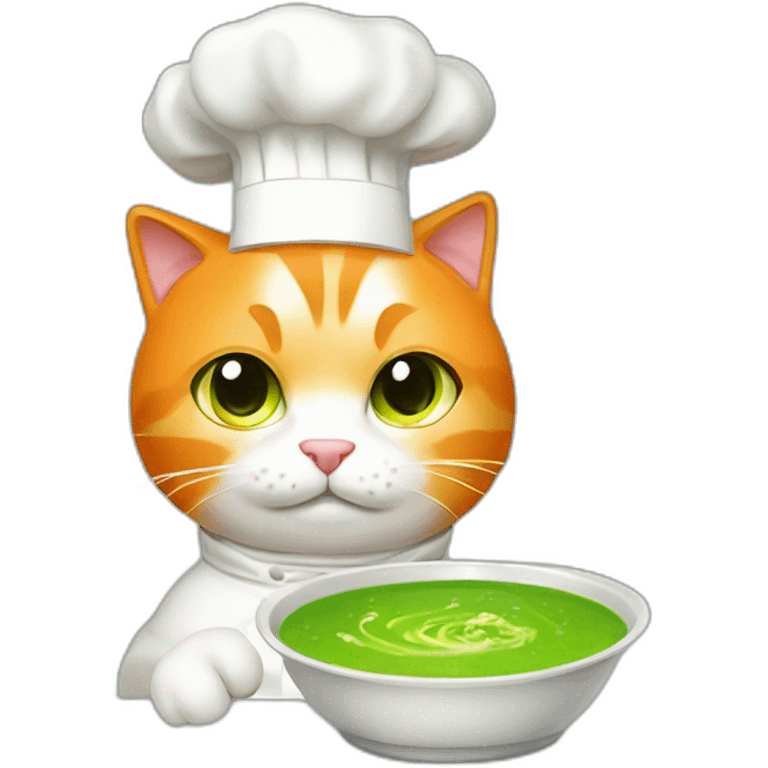 orange and white cat wearing chef hat cooking glowing green soup emoji