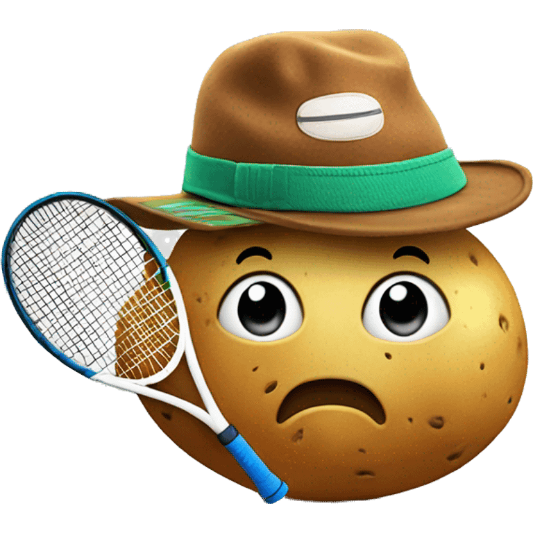 potato with basketball hat, mountain boots and a tennis racket in its hands emoji