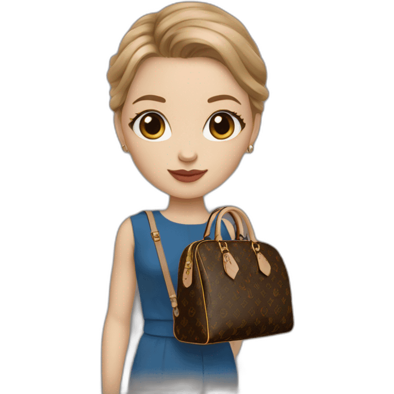 a girl with blue eyes and light brown hair, wearing gucci outfit and holding brown louis vuitton bag emoji