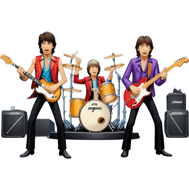 Icon for Rock Music: The Rolling Stones live on stage with Mick Jagger performing vocals, Keith Richards playing guitar, and Charlie Watts on drums. Iconic stage lights, electric guitars, and energetic crowd. Transparent background. emoji